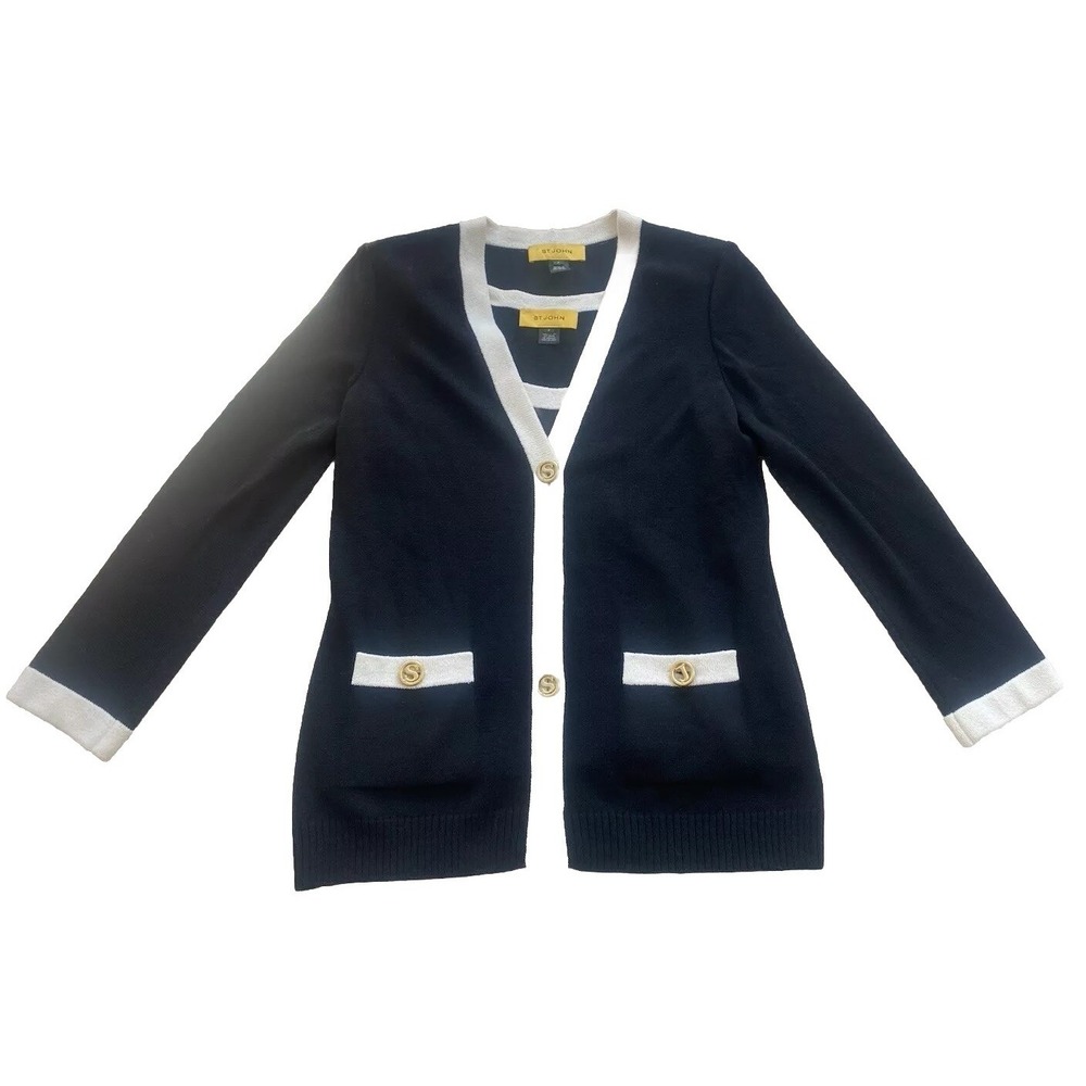 ST. JOHN Knit Cardigan Set Black Cream Gold Buttons Yellow Label Vintage Small P